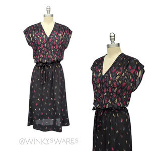 Vintage 70s Black Print Midi Dress Size S M V Neck Short Sleeve Belted Abstract